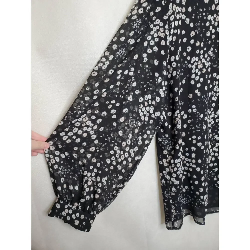 Karl Lagerfeld Paris Floral High Neck Key Hole Balloon Sleeve Semi Sheer Blouse